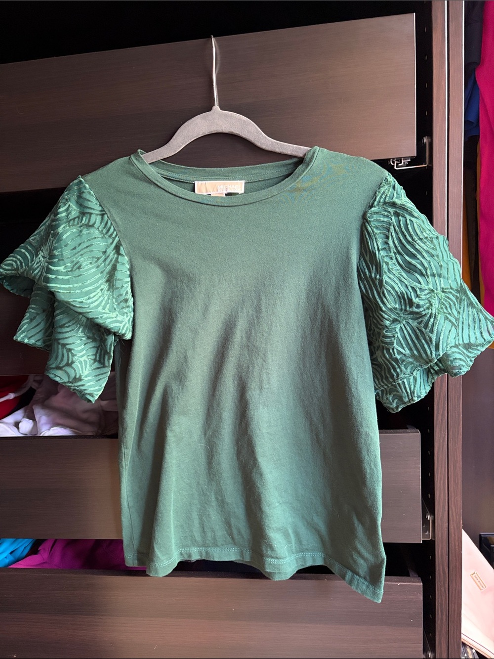 Michael Kors Emerald Green Short Sleeve Tee with Ruffle Sleeves